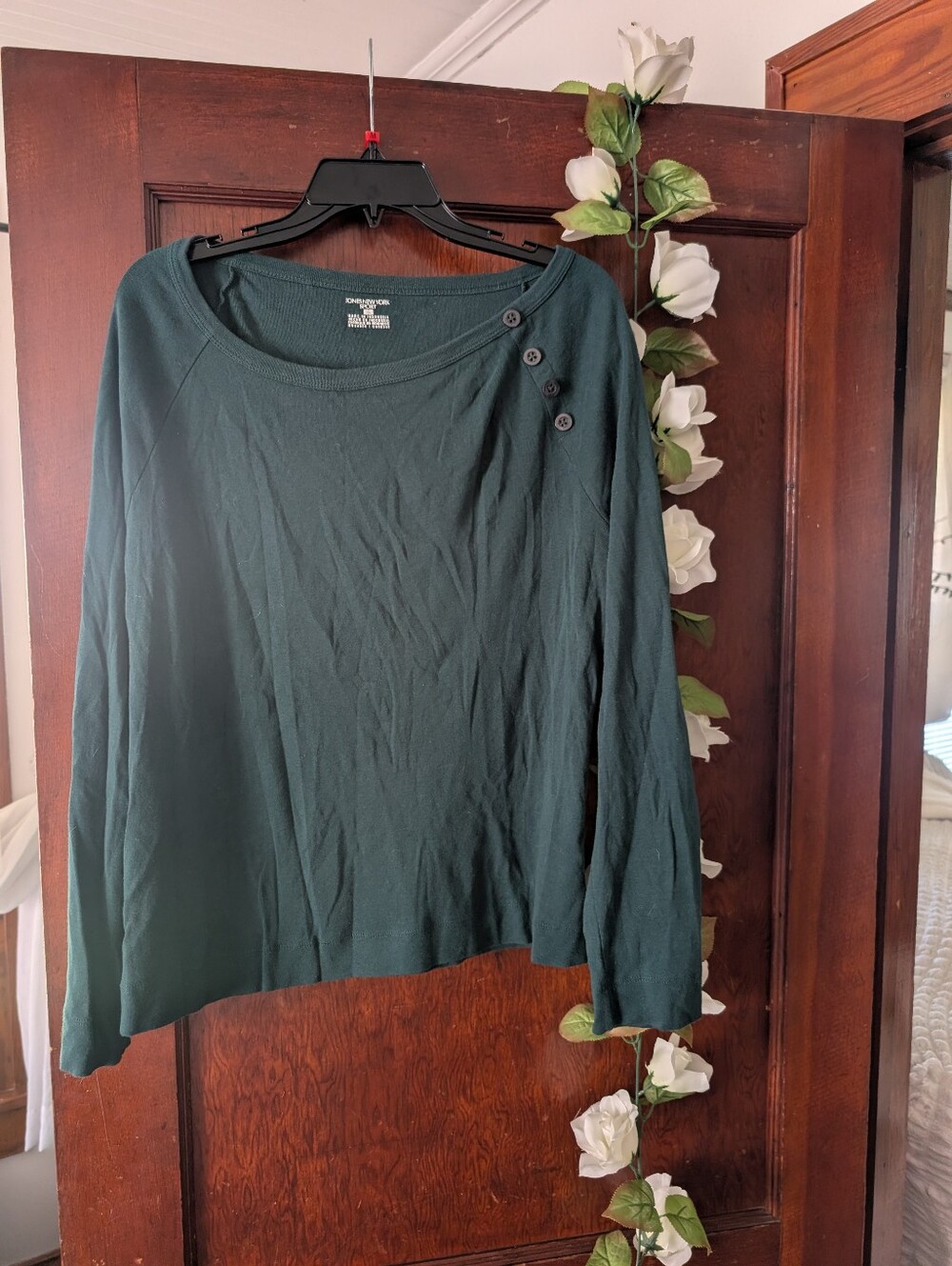 Jones New York Dark Green Button-Shoulder Long Sleeve Top XL